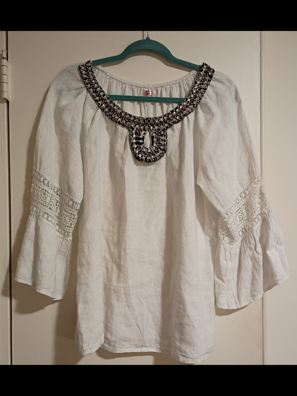 Custom Upcycled White Linen Blouse Beaded Neckline Detail Large